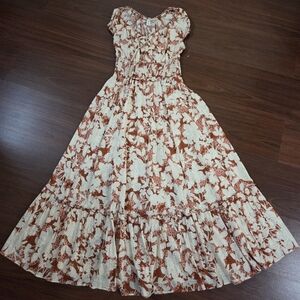 Waist-Defined Smocked Floral-Print Midi Dress